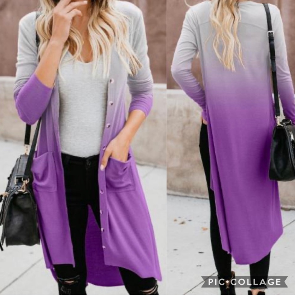BUTTON Down Pocketed High Low Cardigan Gray Purple